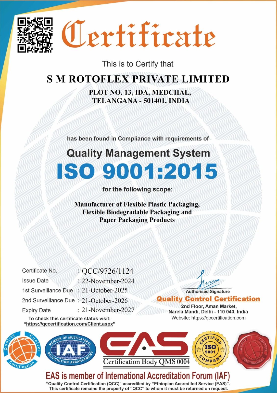 ISO 9001:2015 certificate, number QCC/9726/1124, issued to S M Rotoflex Private Limited, Plot No. 13, IDA Medchal