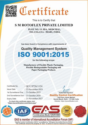 ISO 9001:2015 certificate issued to S M Rotoflex Private Limited
